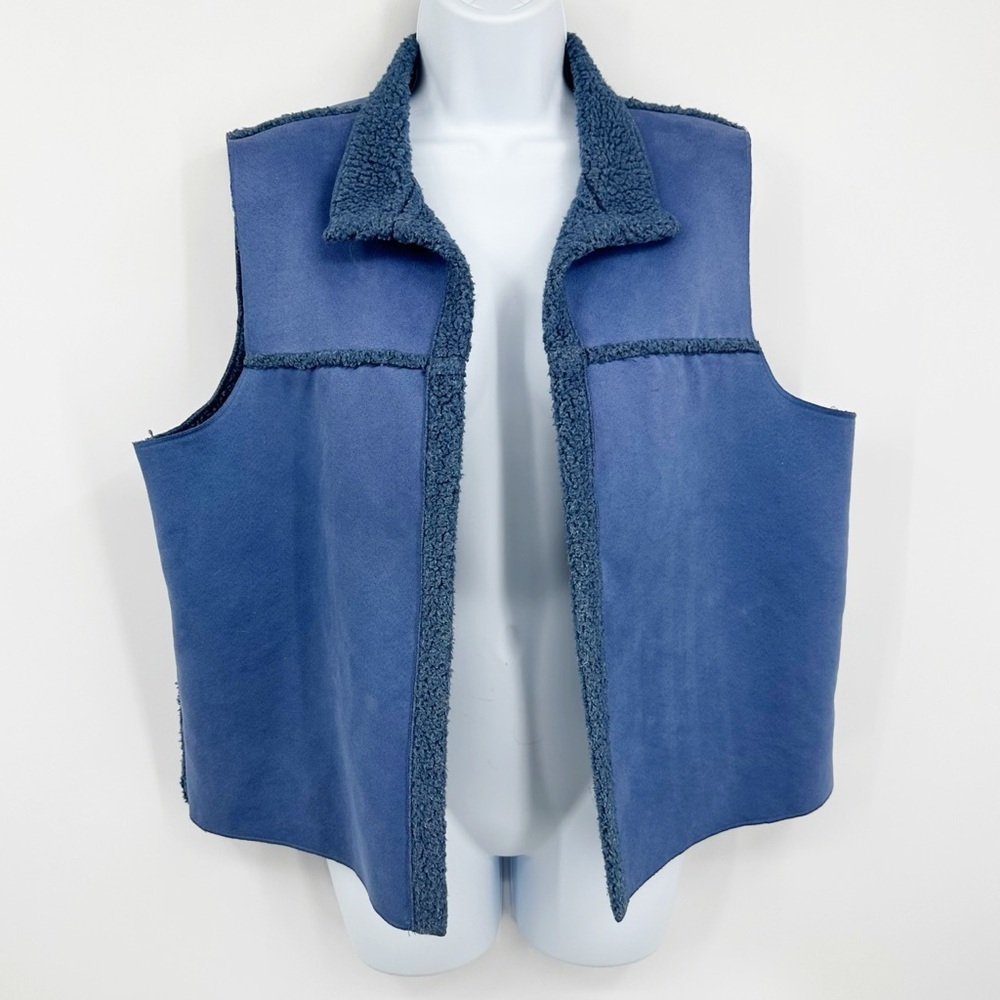 Faded Glory Vintage Y2K Suede Vest Size Large Blue Sherpa Lined Early 2000s